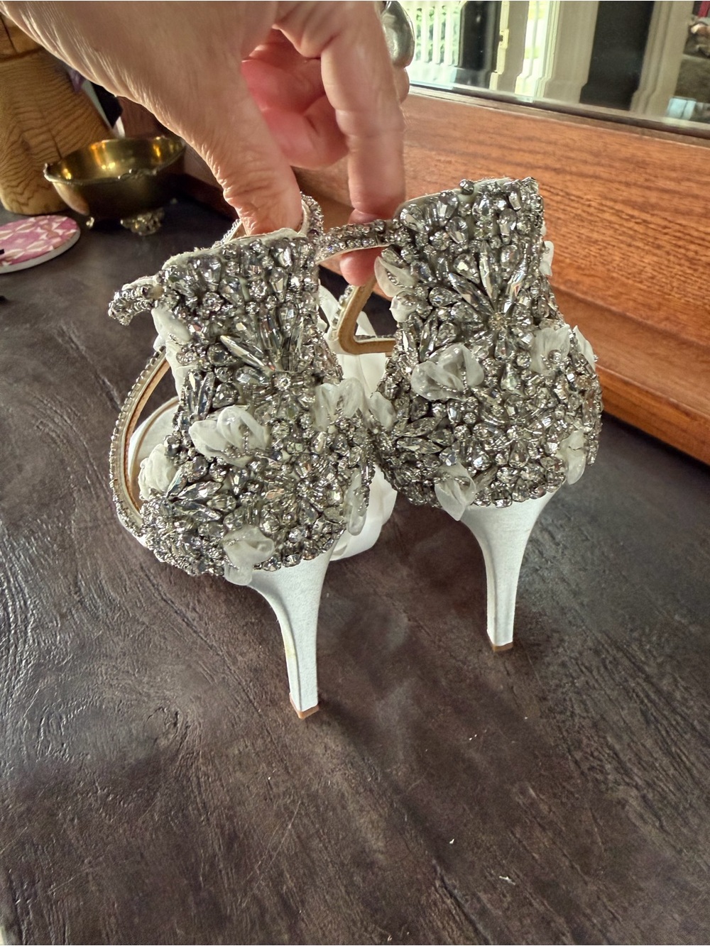 Badgley Mischka White and Silver Jeweled Bridal Heels